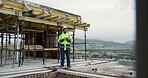 Architect, thinking and man with tablet on roof, building inspection or planning for home renovation. City, architecture and black person with tech on construction site, idea and property development