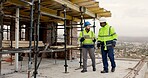 Architect, talking and men with tablet on construction site, reflection and planning for renovation. Civil engineer, ideas and people with tech, discussion and collaboration for property development