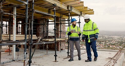 Buy stock photo Architect, talking and men with tablet on construction site, reflection and planning for renovation. Civil engineer, ideas and people with tech, discussion and collaboration for property development