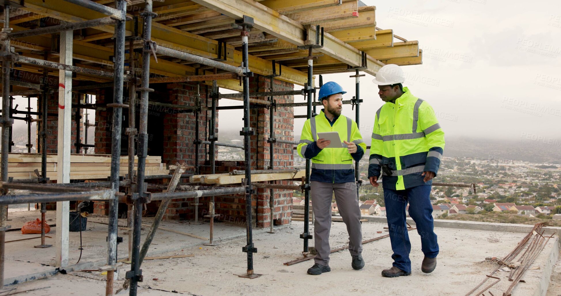 Buy stock photo Architect, talking and men with tablet on construction site, reflection and planning for renovation. Civil engineer, ideas and people with tech, discussion and collaboration for property development