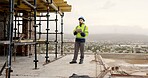 Civil engineer, thinking and man with tablet on roof, inspection or planning for building renovation. Outdoor, architecture and person with tech on construction site, idea and property development
