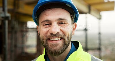 Buy stock photo Architect, portrait and man with smile on building site, inspection and confident for career growth. Civil engineer, construction and happy person with helmet, real estate and property development