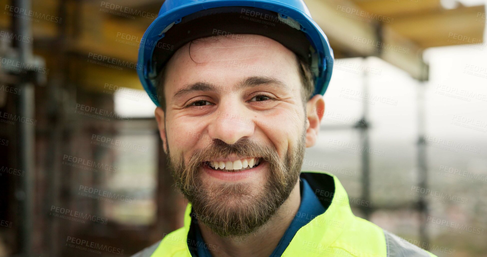 Buy stock photo Architect, portrait and man with smile on building site, inspection and confident for career growth. Civil engineer, construction and happy person with helmet, real estate and property development