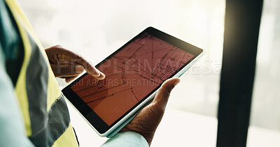 Buy stock photo Tablet screen, blue print and hands of construction worker on site with research for building development. Technology, man and civil engineer with floor plan for renovation, repairs or maintenance.