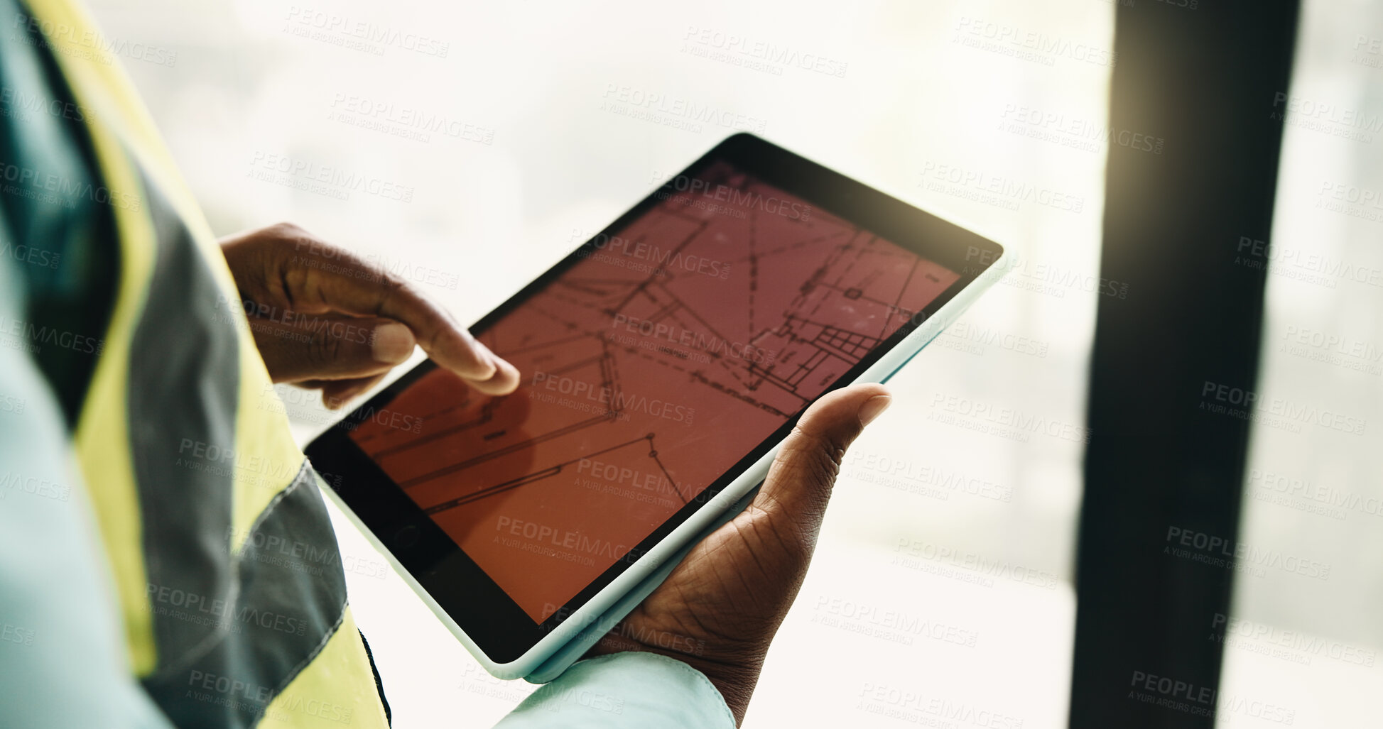 Buy stock photo Tablet screen, blue print and hands of construction worker on site with research for building development. Technology, man and civil engineer with floor plan for renovation, repairs or maintenance.