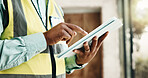 Tablet, man and hands of construction worker on site with research for building development. Digital technology, email and civil engineer with feedback on app for renovation, repairs or maintenance.
