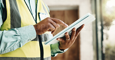 Buy stock photo Tablet, man and hands of construction worker on site with research for building development. Digital technology, email and civil engineer with feedback on app for renovation, repairs or maintenance.