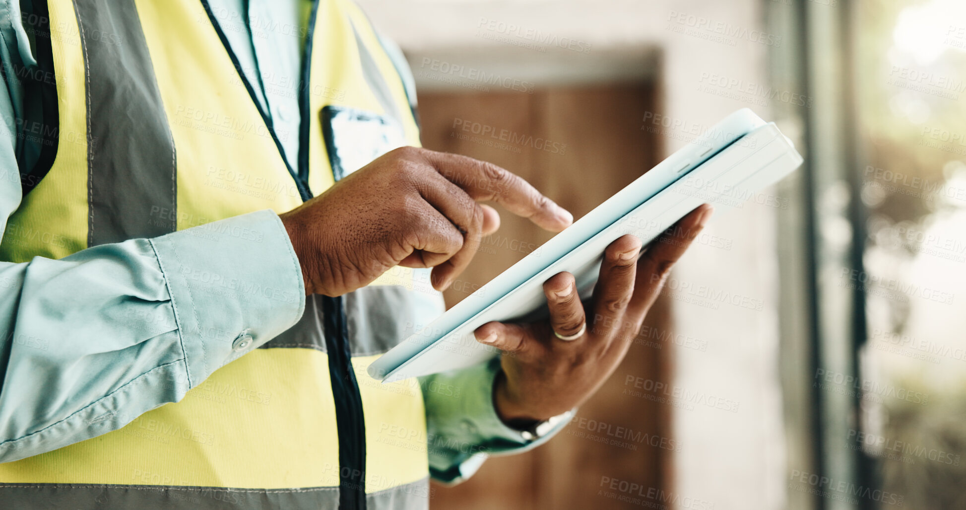 Buy stock photo Tablet, man and hands of construction worker on site with research for building development. Digital technology, email and civil engineer with feedback on app for renovation, repairs or maintenance.