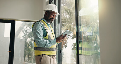 Buy stock photo Tablet, black man and construction worker on site with inspection for building development. Digital tech, research or mature civil engineer with feedback on app for renovation, repairs or maintenance