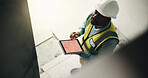 Above, tablet screen and construction worker on site with research for building development. Digital technology, man and civil engineer with blue print on app for renovation, repairs or maintenance.