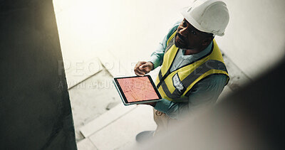 Buy stock photo Above, tablet screen and construction worker on site with research for building development. Digital tech, mature man and civil engineer with blue print on app for renovation, repairs or maintenance.