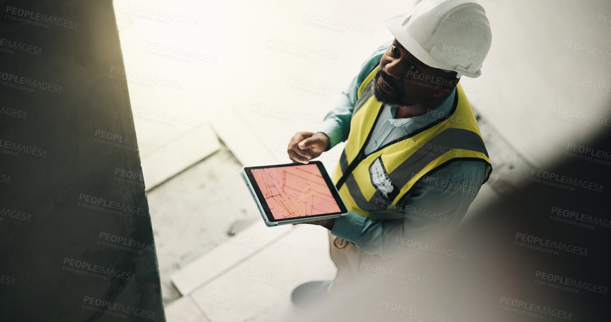 Buy stock photo Above, tablet screen and construction worker on site with research for building development. Digital tech, mature man and civil engineer with blue print on app for renovation, repairs or maintenance.