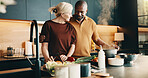 Cooking, help or couple in kitchen with love, bonding activity or connection with meal prep. Smile, support or mature people in home with food, happy moment or culinary hobby in healthy relationship.