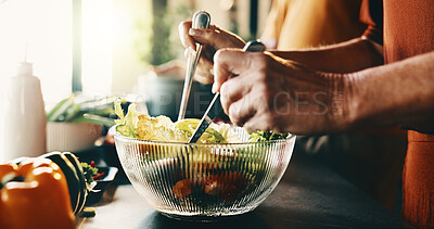 Buy stock photo Salad, mix and hands of woman in kitchen at house for nutrition, health or diet meal. Vegetables, glass bowl and female person with fresh ingredients for wellness, dinner or dish in apartment.