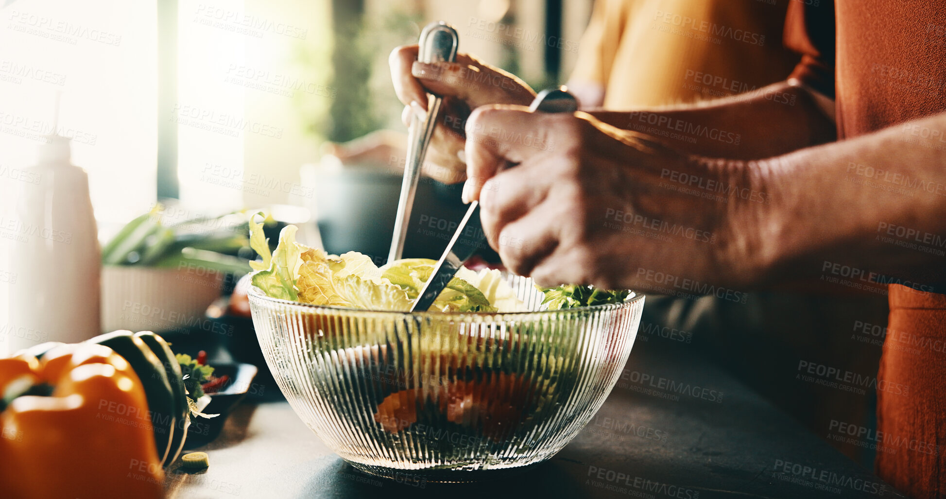 Buy stock photo Salad, mix and hands of woman in kitchen at house for nutrition, health or diet meal. Vegetables, glass bowl and female person with fresh ingredients for wellness, dinner or dish in apartment.