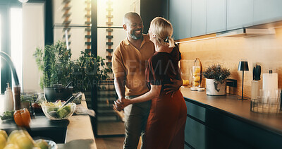 Buy stock photo Dancing, mature and couple in kitchen for cooking, bonding and love with music, song and meal prep. Home, dinner and man and woman with radio for affection, relationship and interracial marriage