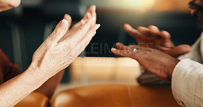 Buy stock photo Argument, conflict and hands of couple on sofa in home living room for discussion or frustration. Annoyed, fighting and stress with unhappy people in apartment for anger, disagreement or mistake