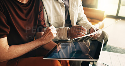 Buy stock photo Couple, tablet and hands with document in home for mortgage chart, bills or investment discussion. Mature man, woman and paperwork with tech for financial planning, budget expenses or loan stats