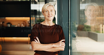 Buy stock photo Portrait, window or happy woman with confidence in home for small business startup or career development. Mature, female person or smile with arms crossed or reflection for creative ambition in house