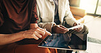 Interracial couple, tablet screen and hands with document in home for mortgage, bills or investment. Mature man, woman and paperwork with tech for financial planning, budget expenses or loan together