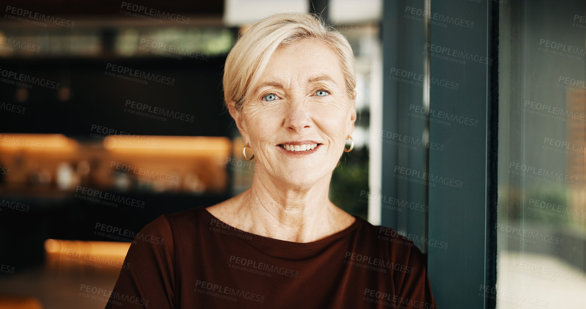 Buy stock photo Portrait, window and happy woman with pride in home for small business startup or career development. Mature, female person or smile with confidence, experience or creative ambition in apartment
