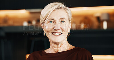 Buy stock photo Portrait, confidence or mature woman with smile in home for small business startup or real estate career. Happy, female person or realtor agent with property management, pride or sale in house