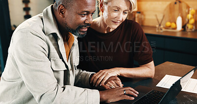 Buy stock photo Mature, couple or holding hands in home with laptop, online website and review insurance premium. People, interracial marriage or reading in house with computer for policy cover, terms and conditions