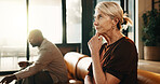 Upset, thinking and couple on sofa in home with conflict, disagreement or divorce in living room. Ignore, toxic marriage and mature man with woman for separation, breakup or dispute in apartment.