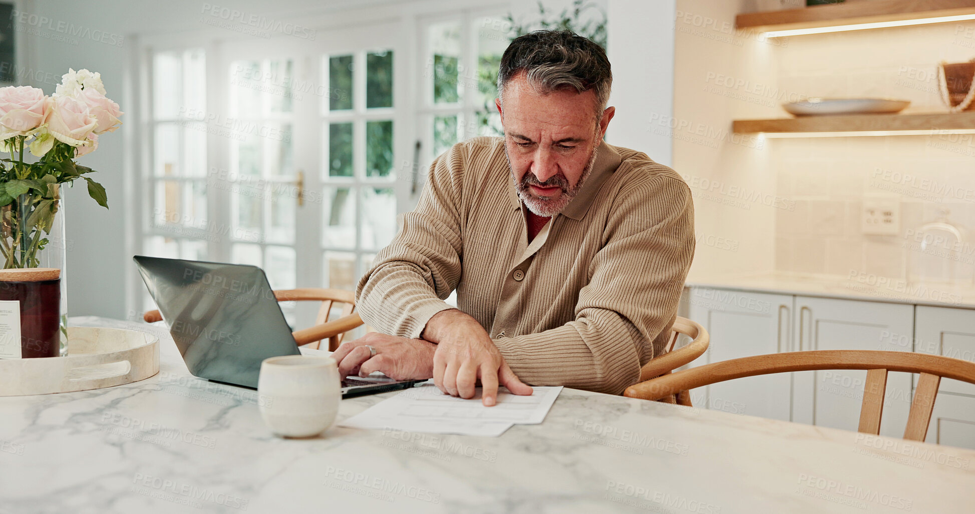 Buy stock photo Finance, laptop or man in home with paper, expense auditing or cost control in budget review. Reading, document or mature person with tech, tax planning or savings track in money management
