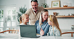 Smile, parents and children in home with laptop, reading email or school report for education. Happy, people and kids at house with pc, academic performance and website for exam results for elearning