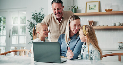 Buy stock photo Smile, parents and children in home with laptop, reading email or school report for education. Happy, people and kids at house with pc, academic performance and website for exam results for elearning