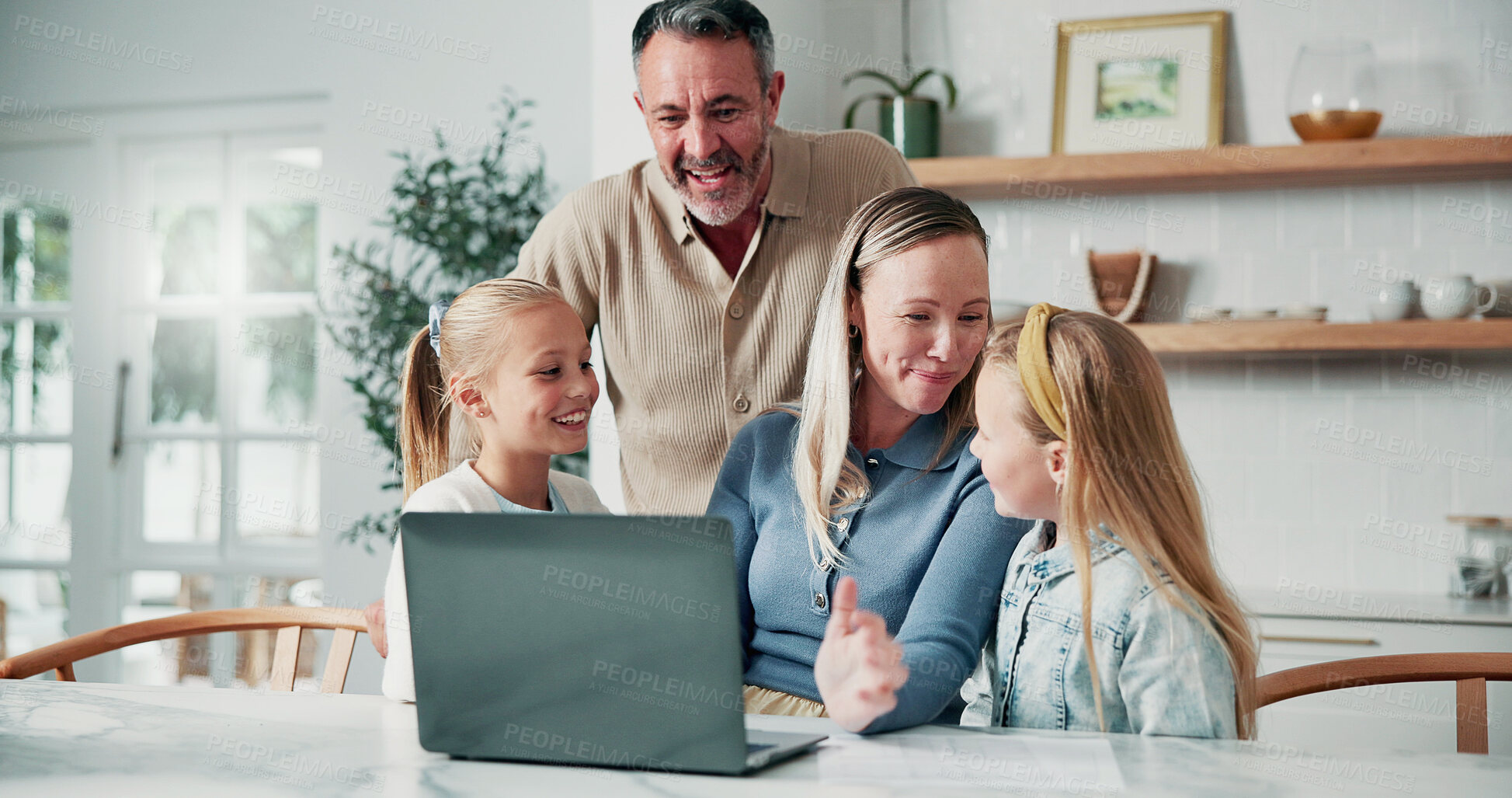 Buy stock photo Smile, parents and children in home with laptop, reading email or school report for education. Happy, people and kids at house with pc, academic performance and website for exam results for elearning