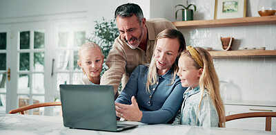 Buy stock photo Happy, parents and kids in home with laptop, reading email or school report for education. Smile, people and children at house with pc, academic performance and website for exam results for elearning