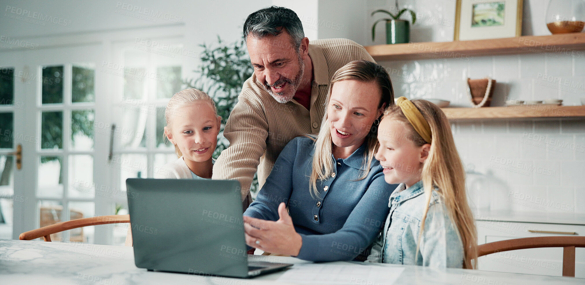 Buy stock photo Happy, parents and kids in home with laptop, reading email or school report for education. Smile, people and children at house with pc, academic performance and website for exam results for elearning