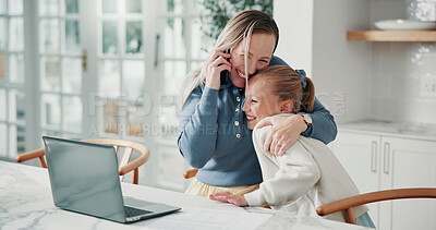 Buy stock photo Phone call, hug and mother with child in home with remote work for creative project with good news. Laptop, happy and mom embracing girl kid on mobile discussion for feedback on freelance article.