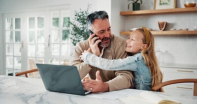 Buy stock photo Phone call, kid and hug dad, remote work and multitasking with happy daughter for love. Freelancer, parent and embrace girl in home for support, care or bonding with laptop for mobile conversation