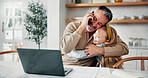 Phone call, father and hug child, remote work or multitasking with happy daughter for love. Freelancer, parent or embrace girl in home for support, care or bonding with laptop for mobile conversation