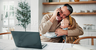 Buy stock photo Phone call, father and hug child, remote work or multitasking with happy daughter for love. Freelancer, parent or embrace girl in home for support, care or bonding with laptop for mobile conversation