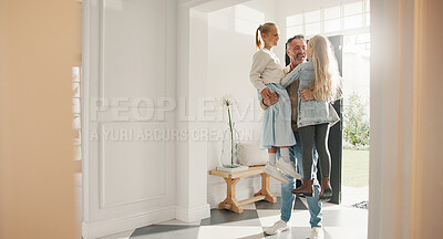 Buy stock photo Greeting, hugging and man at front door with children for arrival, love or welcome home. Family, security and smile of father embracing happy daughters at apartment entrance for hello or relationship