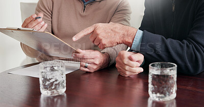 Buy stock photo Hands, person and advisor at house with clipboard, finance report and form for loan application. People, consultant and reading document for budget advisory, financial checklist and asset management