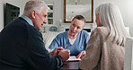 Talking, documents and nurse with senior couple for health insurance, medical aid and advice. Documents, retirement and woman with people for application form, healthcare plan and consulting in home