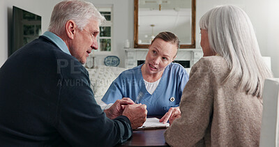 Buy stock photo Talking, documents and nurse with senior couple for health insurance, medical aid and advice. Paperwork, retirement and woman with people for application form, healthcare plan and consulting in home