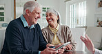 Financial advisor, tablet or laugh with old couple in home, insurance benefits or annuity plan. Man, woman and consulting with tech for pension, retirement investment or happy with asset management