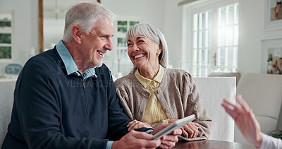 Buy stock photo Financial advisor, tablet or laugh with old couple in home, insurance benefits or annuity plan. Man, woman and consulting with tech for pension, retirement investment or happy with asset management