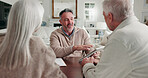 Financial advisor, tablet and old couple in home, insurance benefits and annuity planning. Man, woman and consulting with tech for pension fund, retirement coverage and help with asset management