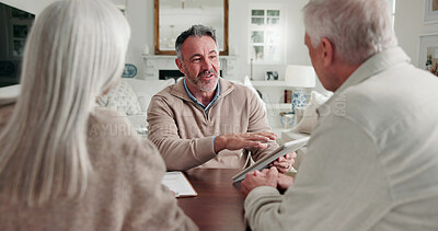Buy stock photo Financial advisor, tablet and old couple in home, insurance benefits and annuity planning. Man, woman and consulting with tech for pension fund, retirement coverage and help with asset management