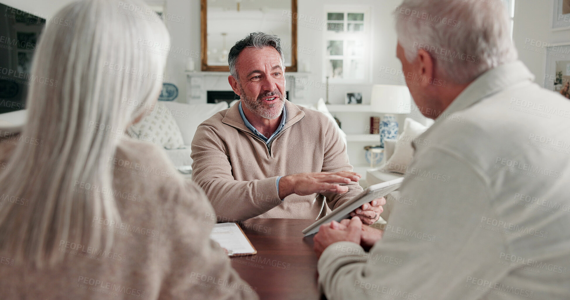 Buy stock photo Financial advisor, tablet and old couple in home, insurance benefits and annuity planning. Man, woman and consulting with tech for pension fund, retirement coverage and help with asset management