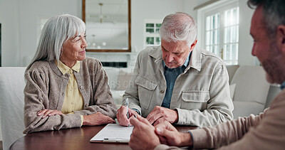 Buy stock photo Financial advisor, old couple and sign contract in home, smile and writing on insurance application. Man, woman and signature on document for pension agreement, retirement annuity or legal coverage