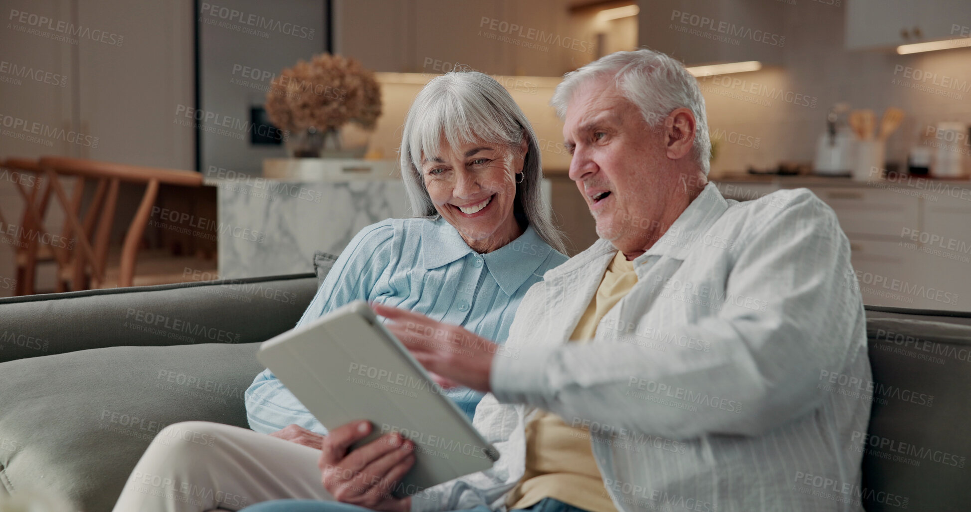 Buy stock photo Senior, tablet and sofa with happy couple in home for entertainment or online streaming together. Elderly, man and woman with smile or technology for subscription app, network or conenction in house
