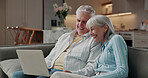 Senior, laughing and happy couple with laptop on sofa for funny movie, comedy or entertainment. Elderly, man and woman relaxing with smile or computer for humor, joke or online streaming together